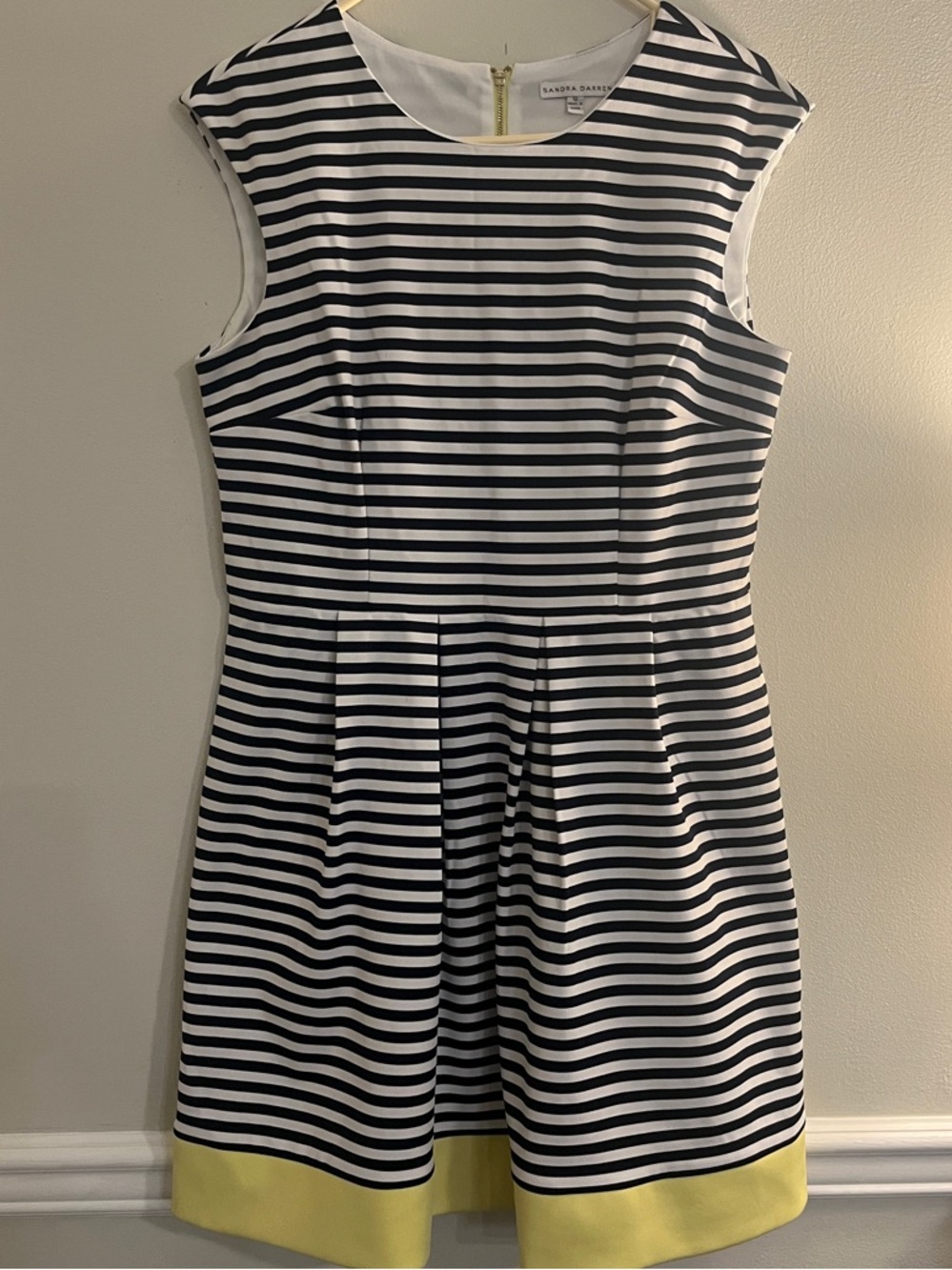 Sandra Darren Navy & White Striped Dress with Yellow Hem